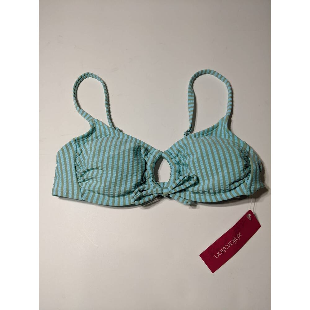 Xhilaration Bikini Top Tie front Loop‎ Seersucker Blue Gray Stripes XS Swimsuit